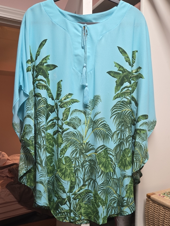 Ruby Rd. Tops - Ruby Rd. Light Blue Tunic with Green Tropical Leaf Print